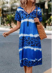 Blue dresses,Leopard dresses,Ombre dresses,Everyday dresses,Casual dresses,Leopard Blue H Shape V Neck Dress