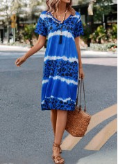 Blue dresses,Leopard dresses,Ombre dresses,Everyday dresses,Casual dresses,Leopard Blue H Shape V Neck Dress