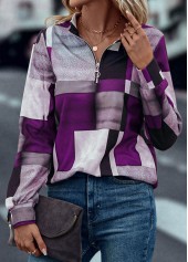 Purple tops,Geometric tops,Zipper Geometric Print Purple Turn Down Collar Sweatshirt