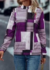 Purple tops,Geometric tops,Zipper Geometric Print Purple Turn Down Collar Sweatshirt