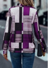 Purple tops,Geometric tops,Zipper Geometric Print Purple Turn Down Collar Sweatshirt