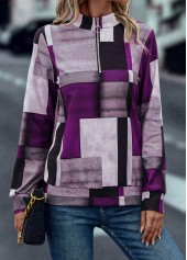 Zipper Geometric Print Purple Turn Down Collar Sweatshirt