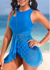 Sky Blue swimwear,Plain Color swimwear,ROTITA Cut Out Mesh Sky Blue Swimdress Top