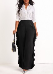 Black bottoms,Plain Color bottoms,Black Wide Leg Ruffle High Waisted Pants