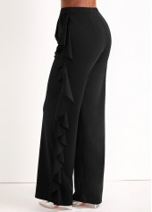 Black bottoms,Plain Color bottoms,Black Wide Leg Ruffle High Waisted Pants