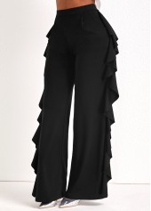 Black bottoms,Plain Color bottoms,Black Wide Leg Ruffle High Waisted Pants