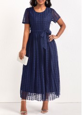 Navy dresses,Plain Color dresses,ROTITA Mesh Navy Belted Round Neck Maxi Dress