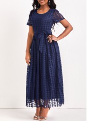 Navy dresses,Plain Color dresses,ROTITA Mesh Navy Belted Round Neck Maxi Dress
