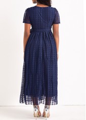 Navy dresses,Plain Color dresses,ROTITA Mesh Navy Belted Round Neck Maxi Dress
