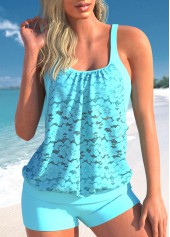Lace Faux Two Piece Cyan Tankini Set