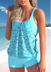 Cyan swimwear,Plain Color swimwear,ROTITA Lace Faux Two Piece Cyan Tankini Top