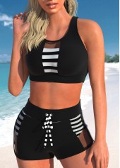 Black swimwear,Striped swimwear,ROTITA Mesh Black Striped Cutout Bikini Top