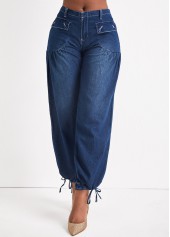 Dark Blue bottoms,Plain Color bottoms,Pocket Dark Blue Zipper Fly Jogger Jeans