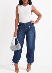 Dark Blue bottoms,Plain Color bottoms,Pocket Dark Blue Zipper Fly Jogger Jeans