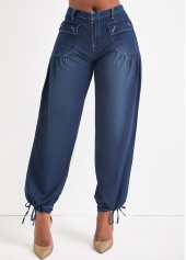 Dark Blue bottoms,Plain Color bottoms,Pocket Dark Blue Zipper Fly Jogger Jeans