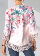 Light Pink tops,Floral tops,ROTITA Tuck Stitch Floral Print Light Pink Split Neck Blouse