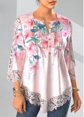 Light Pink tops,Floral tops,ROTITA Tuck Stitch Floral Print Light Pink Split Neck Blouse