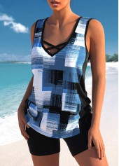 Rotita Criss Cross Jeansblaues Tankini-Oberteil mit geometrischem Aufdruck-Kein Boden