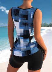 Rotita Criss Cross Jeansblaues Tankini-Oberteil mit geometrischem Aufdruck-Kein Boden