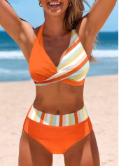 Orange swimwear,Striped swimwear,ROTITA Criss Cross Orange Multi Stripe Print Bikini Top