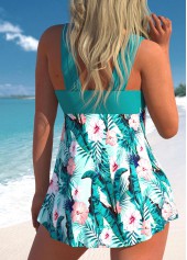 Turquoise swimwear,Plants swimwear,Floral swimwear,ROTITA Ruched Turquoise Plants Print Swimdress Top