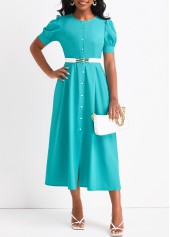 Cyan dresses,Plain Color dresses,Button Cyan Round Neck Short Sleeve Dress
