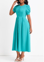 Cyan dresses,Plain Color dresses,Button Cyan Round Neck Short Sleeve Dress
