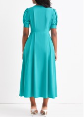Cyan dresses,Plain Color dresses,Button Cyan Round Neck Short Sleeve Dress