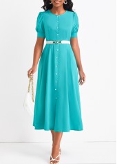 Button Cyan Round Neck Short Sleeve Dress
