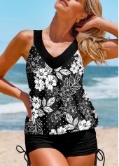 Black swimwear,Floral swimwear,Dot swimwear,Geometric swimwear,Plants swimwear,ROTITA Patchwork Black Floral Print Tankini Top