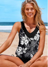 Black swimwear,Floral swimwear,Dot swimwear,Geometric swimwear,Plants swimwear,ROTITA Patchwork Black Floral Print Tankini Top
