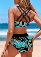 Cyan swimwear,Black swimwear,Paisley swimwear,Tribal swimwear,ROTITA Drawstring Cyan Paisley Print Bikini Top
