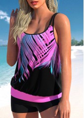 Hot Pink plus size,Plants plus size,ROTITA Plus Size Leaf Print Tankini Top