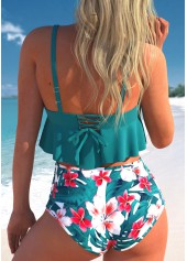 Turquoise swimwear,Plain Color swimwear,ROTITA Lace Up Ruffle Turquoise Bikini Top