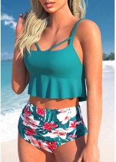 Turquoise swimwear,Plain Color swimwear,ROTITA Lace Up Ruffle Turquoise Bikini Top
