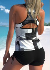 Black swimwear,White swimwear,Geometric swimwear,ROTITA Cut Out Black Geometric Print Tankini Top