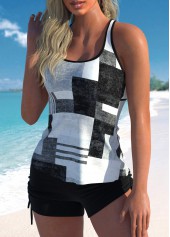 Black swimwear,White swimwear,Geometric swimwear,ROTITA Cut Out Black Geometric Print Tankini Top