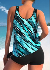 Cyan swimwear,Striped swimwear,Geometric swimwear,ROTITA Mesh Stitching Cyan Striped Tankini Top