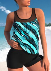 Mesh Stitching Cyan Striped Tankini Set