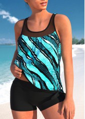 Cyan swimwear,Striped swimwear,Geometric swimwear,ROTITA Mesh Stitching Cyan Striped Tankini Top
