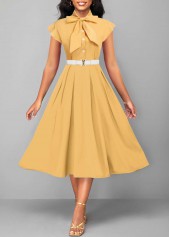 ROTITA Button Light Yellow Tie Collar Short Sleeve Dress
