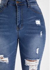 Denim Blue bottoms,Plain Color bottoms,Hole Denim Blue Skinny Zipper Fly Jeans