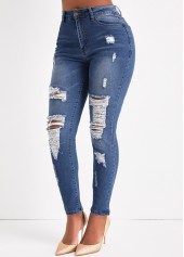Hole Denim Blue Skinny Zipper Fly Jeans