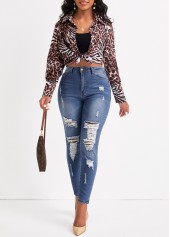 Denim Blue bottoms,Plain Color bottoms,Hole Denim Blue Skinny Zipper Fly Jeans