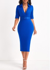 Surplice Royal Blue Belted V Neck Dress