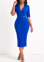 Royal Blue dresses,Plain Color dresses,Surplice Royal Blue Belted V Neck Dress