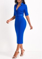 Royal Blue dresses,Plain Color dresses,Surplice Royal Blue Belted V Neck Dress