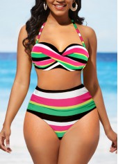 Multi Color swimwear,Striped swimwear,Geometric swimwear,ROTITA Criss Cross Multi Color High Waisted Bikini Set