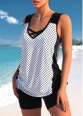 White swimwear,Black swimwear,Dot swimwear,ROTITA Criss Cross White Polka Dot Tankini Top