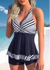 Navy swimwear,White swimwear,Striped swimwear,ROTITA Criss Cross Navy Striped Tankini Top